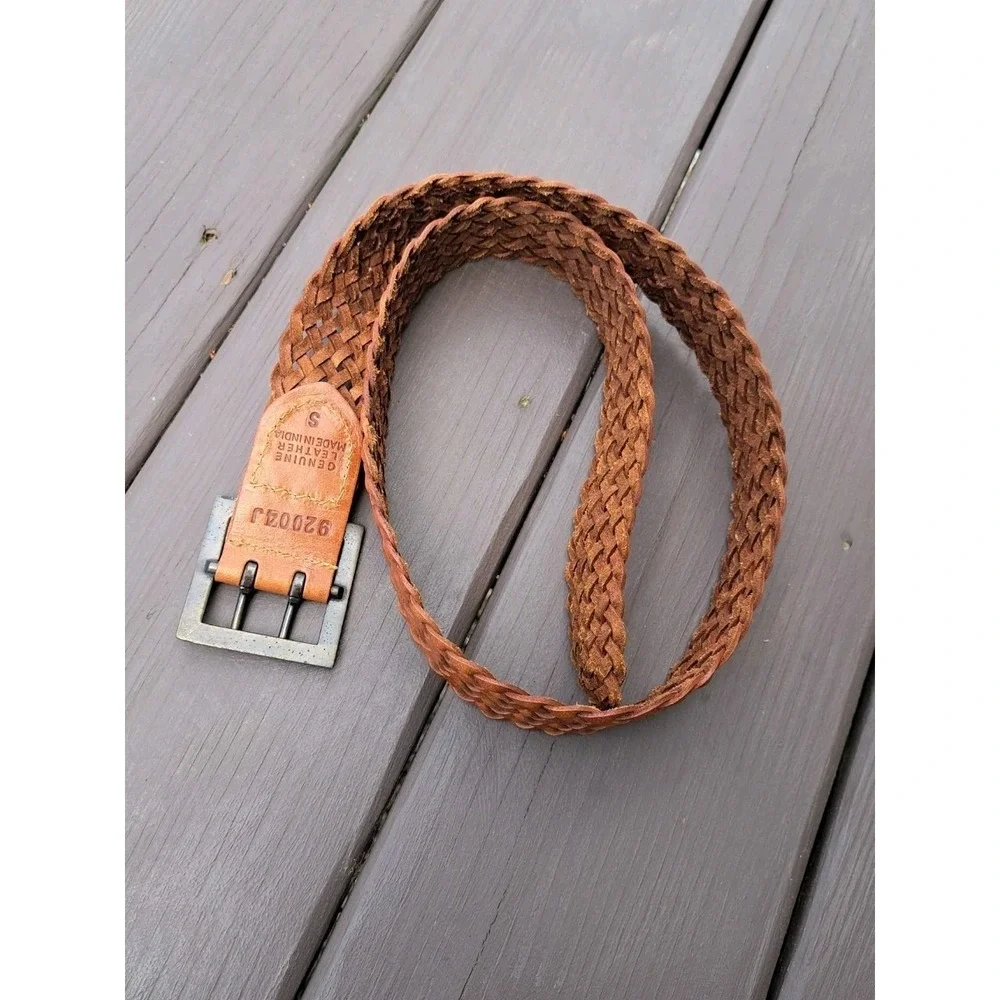 Women's Genuine Leather Brown Woven Braided Square Bronze Buckle Belt Size S 38